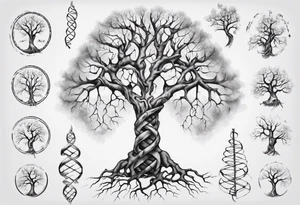 Tree with no leaves with it's main trunk main of DNA wends with a heart. Has serotonin structure on tree branch tattoo idea