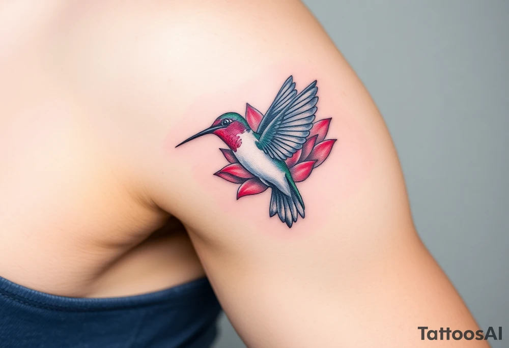 A Hummingbird Drinking from a Lotus Flower (only red , blue and black are possible colors) tattoo idea