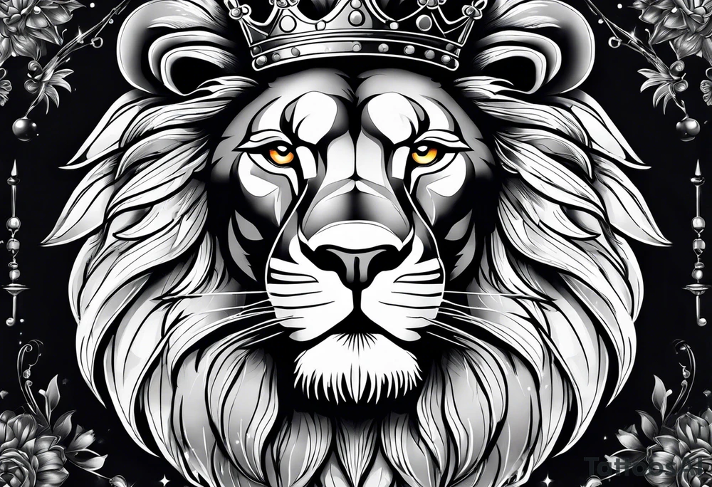lion with crown on the head and sparkling eyes tattoo idea