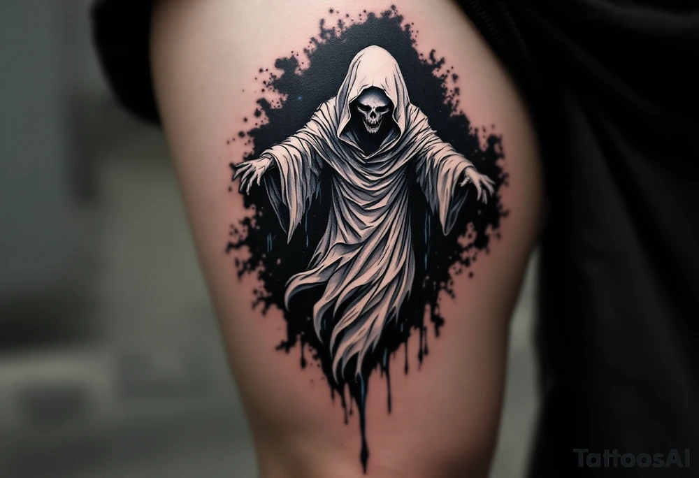 A ghostly white Reaper floating through a black void with hints of  blue trailing his robe. tattoo idea