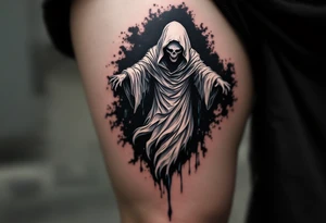 A ghostly white Reaper floating through a black void with hints of  blue trailing his robe. tattoo idea