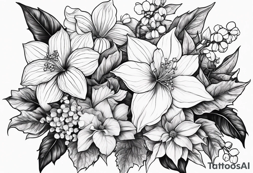 Hydrangea, Narcissus, Poinsettia, Holly, Gladiolus, Poppy, Daisy, Sweet Pea floral bouquet tattoo idea