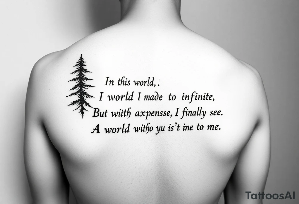 An upper arm tattoo for a man in the style of Ryan Ashley Malarkey with the lyrics, "In this world I made to be infinite
But within the expanse, I finally see
A world without you isn't meant for me", from the band Lorna Shore with their dark forest imagery and aesthetics. tattoo idea