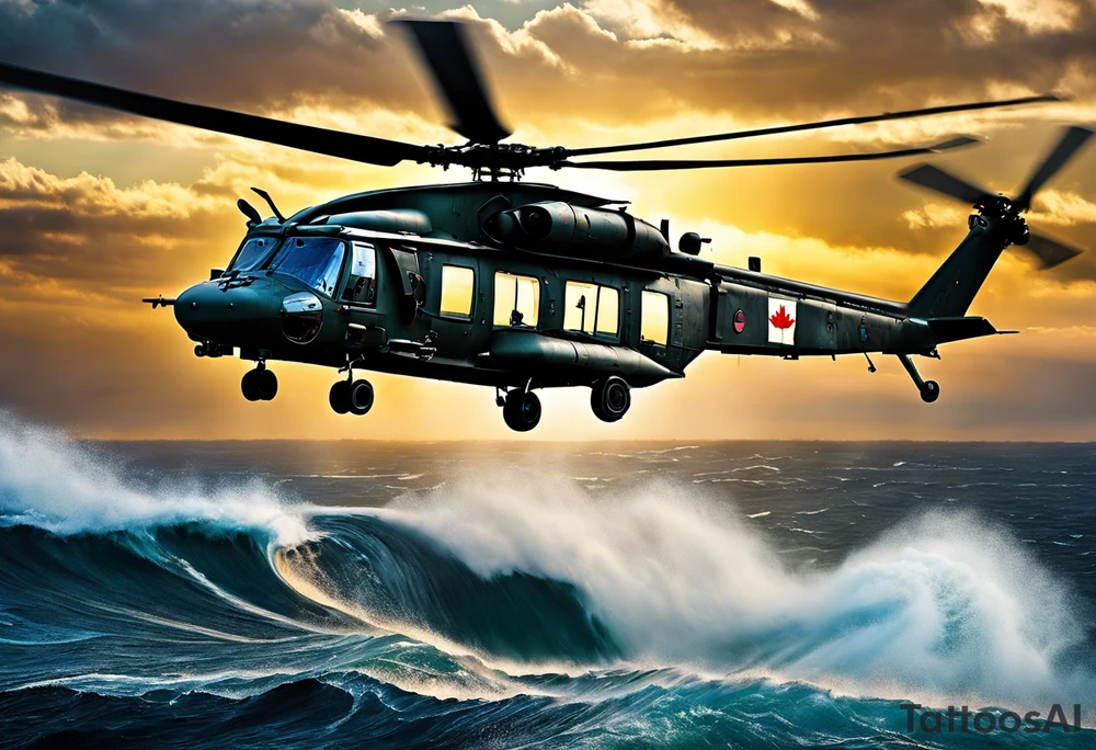 A cinematic-style tattoo depicting a Canadian military CH-148 Cyclone helicopter performing a daring maneuver over a turbulent ocean. The sky should be filled with dramatic clouds, and the sun should be setting, casting long shadows. The helicopter should be the main focus, with intricate details and a sense of motion. In the background, a poppy should be prominently displayed, and a quote from 'Lest We Forget' should be included tattoo idea