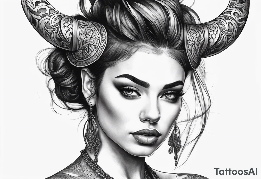 Dark realism beautiful woman looking
face forward with curved horns facing downwards tattoo idea