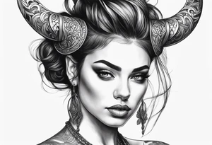 Dark realism beautiful woman looking 
face forward with curved horns facing downwards tattoo idea