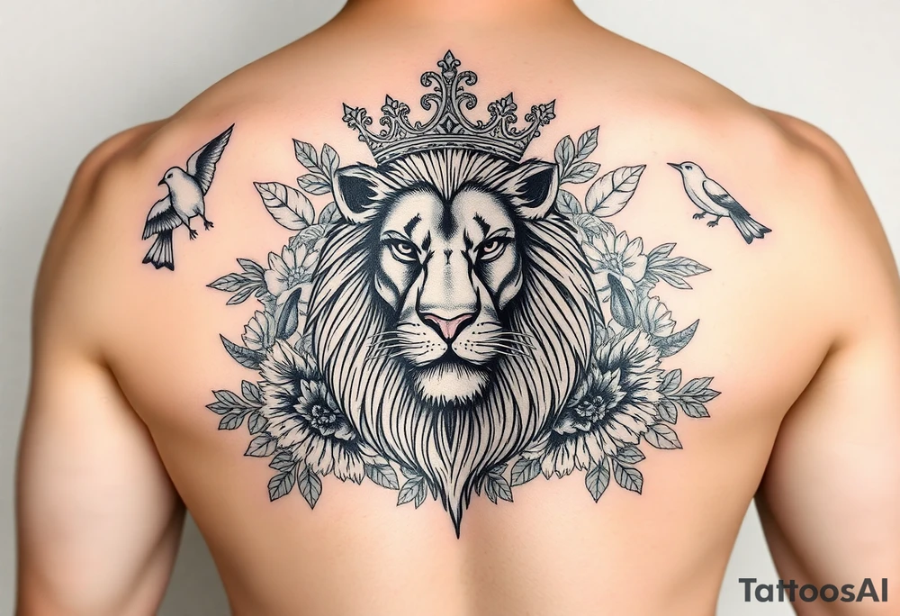powerful majestic lion with a crown, surrounded by floral ornaments and birds tattoo idea