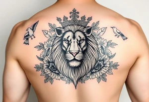 powerful majestic lion with a crown, surrounded by floral ornaments and birds tattoo idea