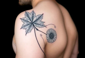 Arm sleeve with fall colored Maple leaves and gerbera daisies connected with thin swirly lines tattoo idea