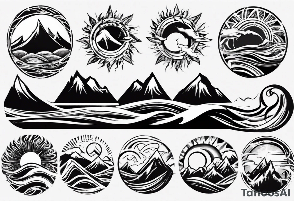 sleeve, mountains, waves, sun, trees tattoo idea