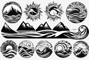 sleeve, mountains, waves, sun, trees tattoo idea