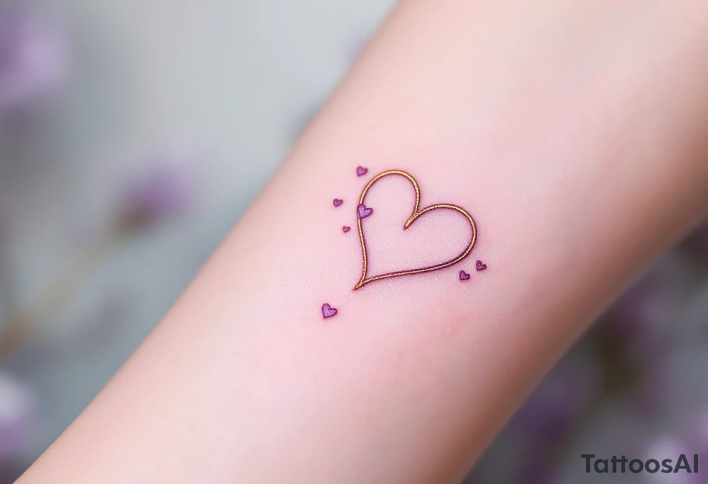 A symbol of rune of love carved with clean, sharp edges. The design in golden, and the background features a lavender glow. Tiny hearts float around the symbol, representing infinite devotion. tattoo idea