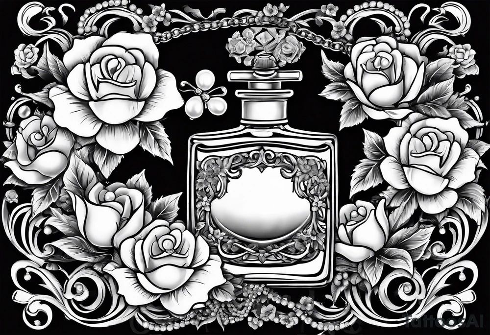 Pearl necklace wrapped around 1950s perfume bottle with flowers and bows surrounding tattoo idea
