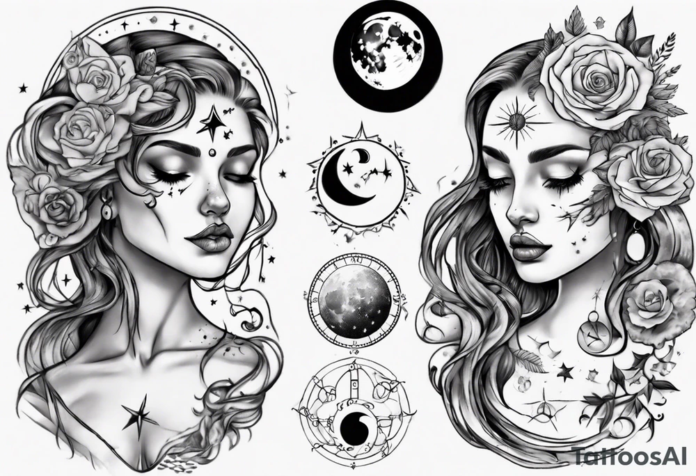 moon phase chest tattoo, semicolon, stars, moons, zodiac Cancer, female face in moon, female face in sun, moon phase between breast tattoo idea