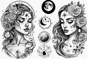 moon phase chest tattoo, semicolon, stars, moons, zodiac Cancer, female face in moon, female face in sun, moon phase between breast tattoo idea