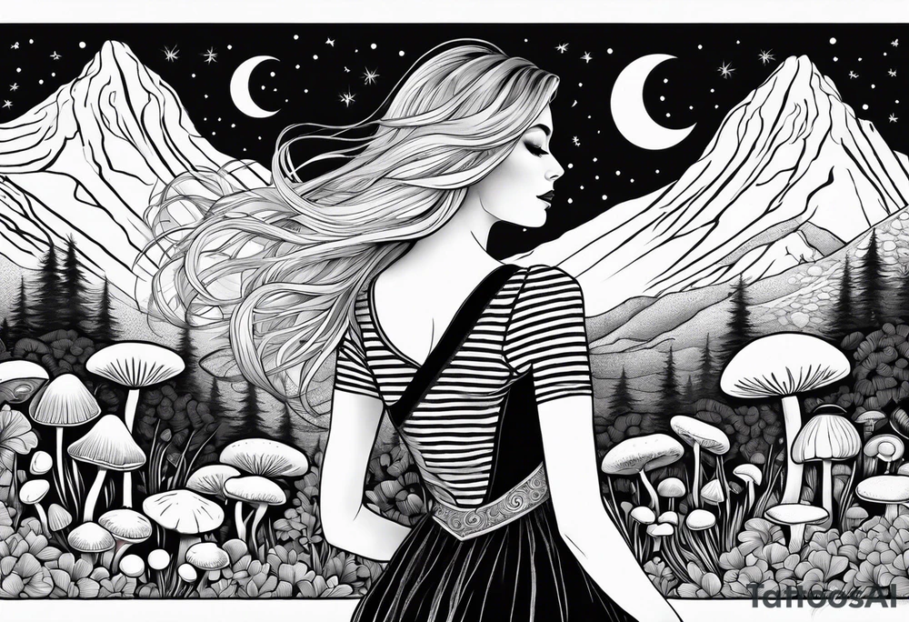 Straight blonde hair girl facing away toward mountains surrounded by mushrooms crescent moon mandala circular design black and white striped dress tattoo idea