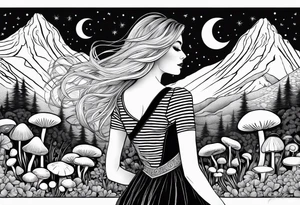 Straight blonde hair girl facing away toward mountains surrounded by mushrooms crescent moon mandala circular design black and white striped dress tattoo idea
