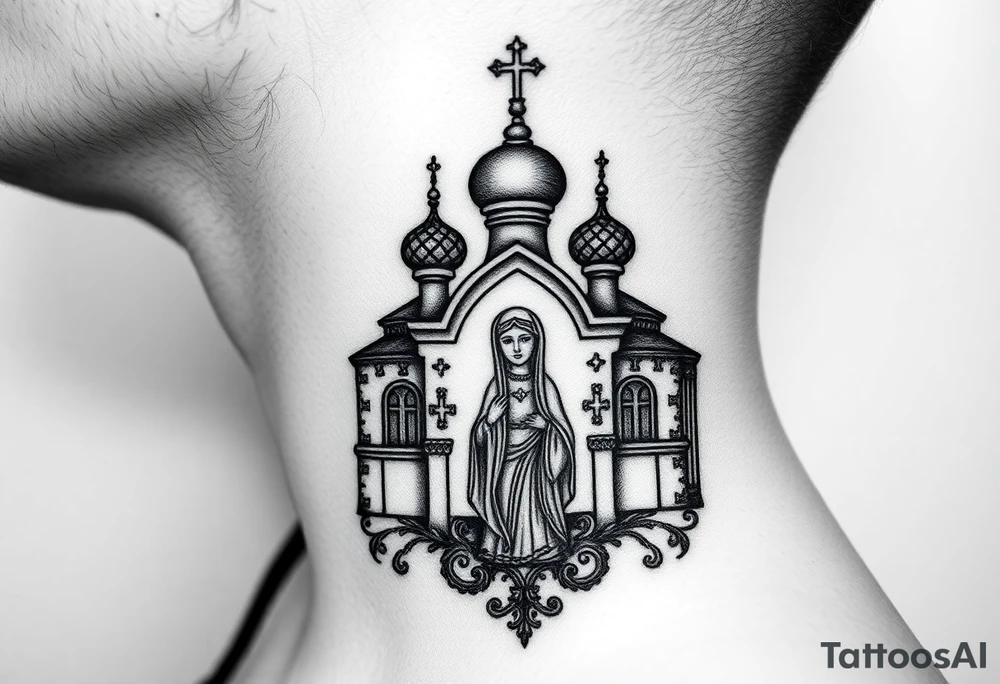 medium traditional russian orthodox church with russian coat arms and virgin mary on the side of your neck tattoo idea