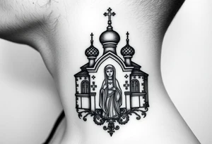 medium traditional russian orthodox church with russian coat arms and virgin mary on the side of your neck tattoo idea