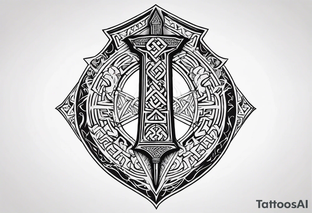 Valhalla sword shield dragon axe Valknut tattoo idea