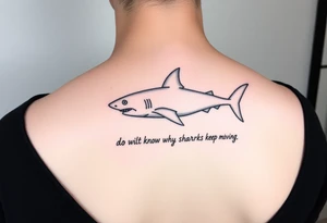 Shark on spine with words “do you know why sharks keep moving” tattoo idea