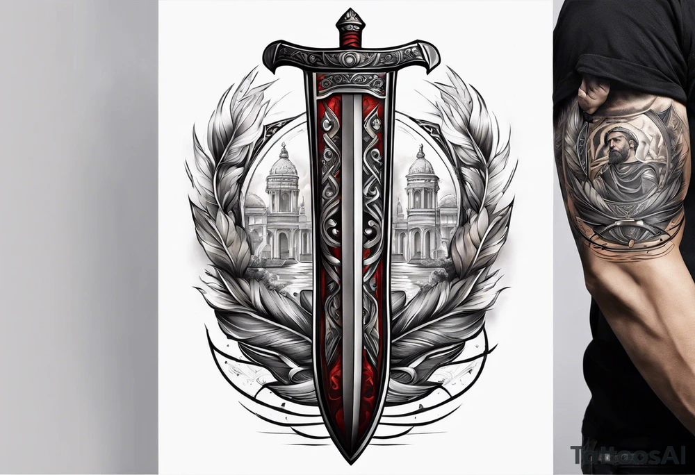 Forearm tattoo of Roman blade with father and son hands around blade tattoo idea