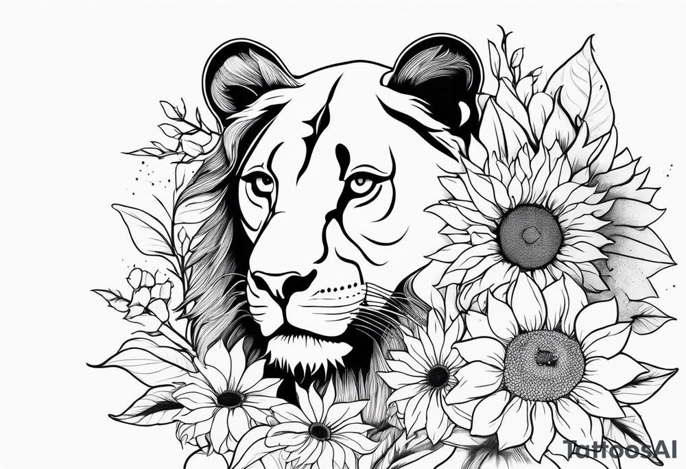 Female lion with half of face covered by sunflowers tattoo idea