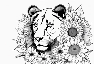 Female lion with half of face covered by sunflowers tattoo idea