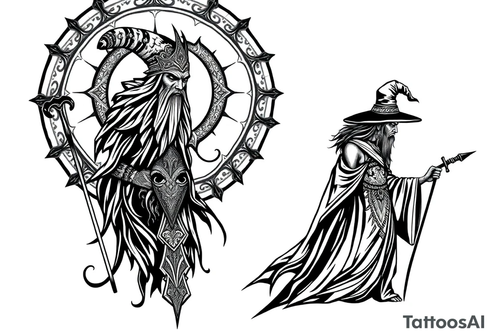 long shaman and witch abstracstyle mytical with ancient rhyme tattoo idea