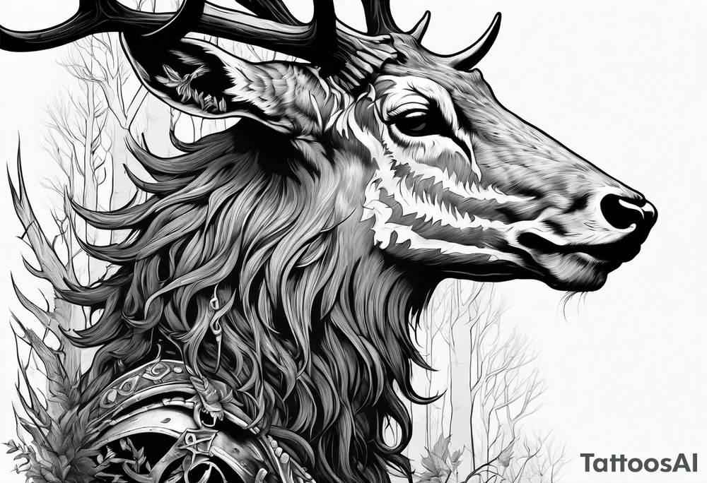A side profile of a wendigo with a decayed deer skull head in a forest fire tattoo idea