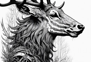 A side profile of a wendigo with a decayed deer skull head in a forest fire tattoo idea
