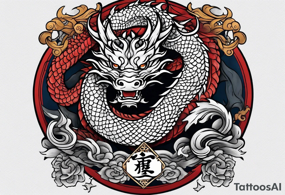 Asian dragon coiling around an anchor centered on the Korean flag tattoo idea
