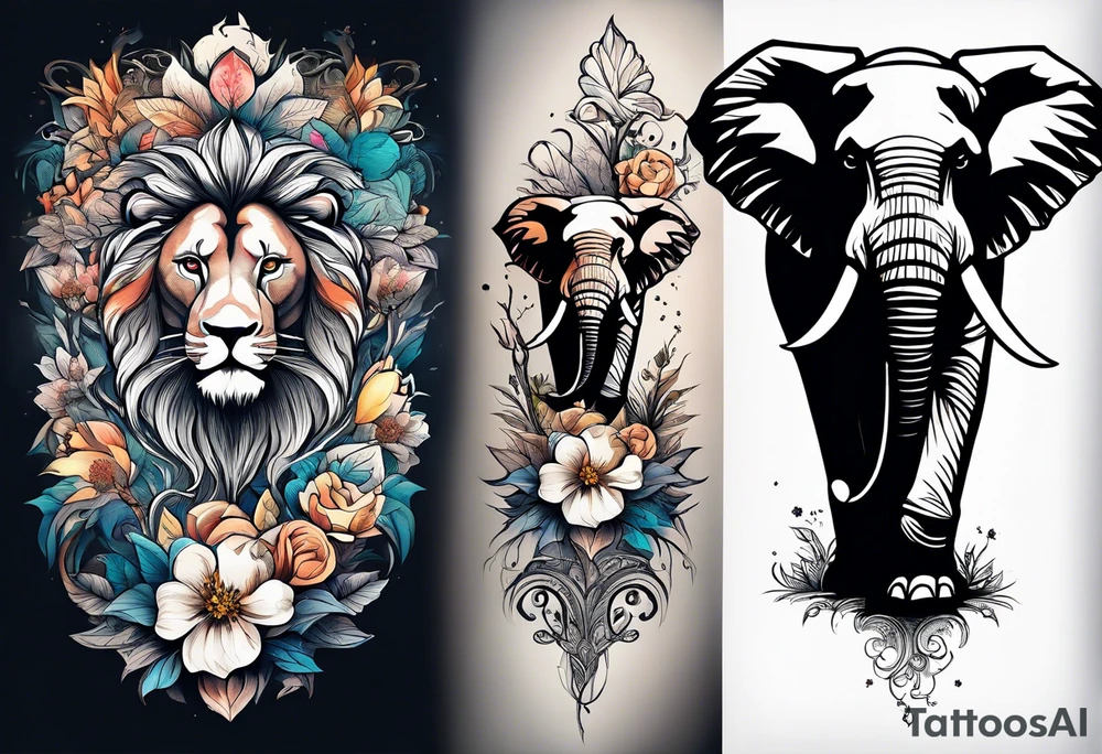 A lion a oak tree and a elephant with some flowers tattoo idea