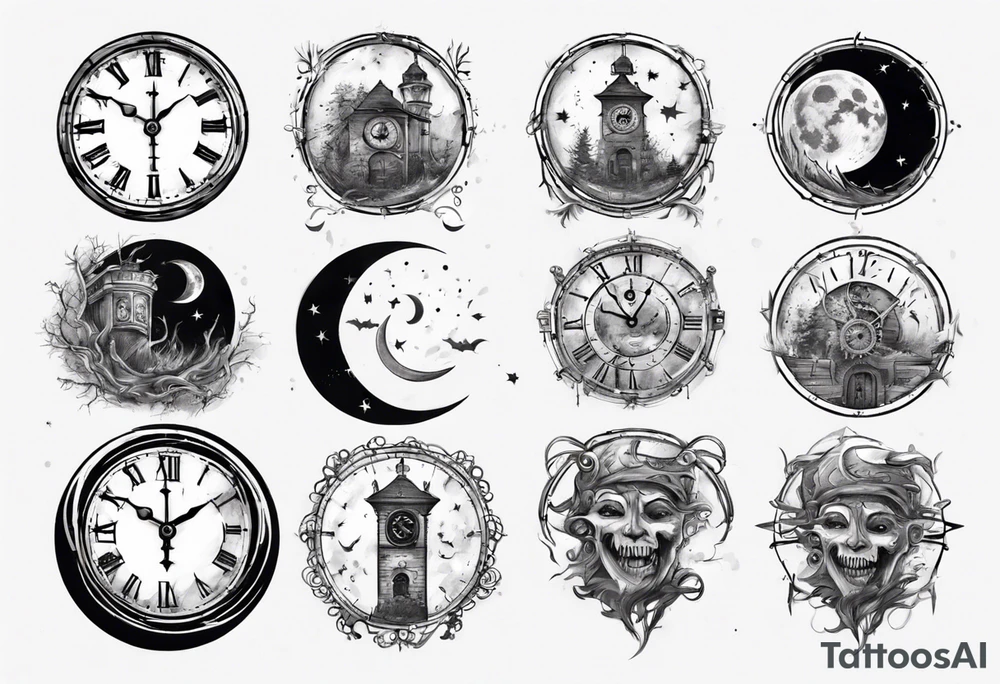 A moon with a face of a old stile clock outdoors tattoo idea