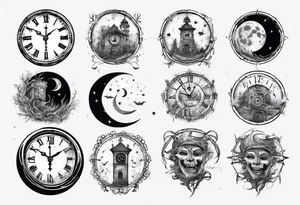 A moon with a face of a old stile clock outdoors tattoo idea
