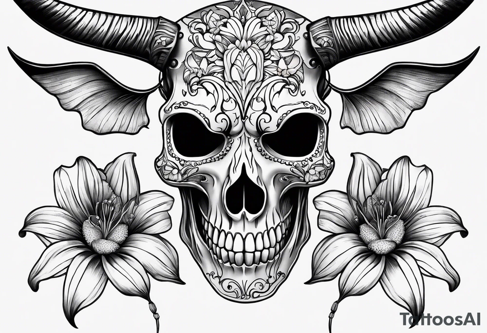A Bulls skeleton head with lily if the valley flowers growing out of eyes tattoo idea