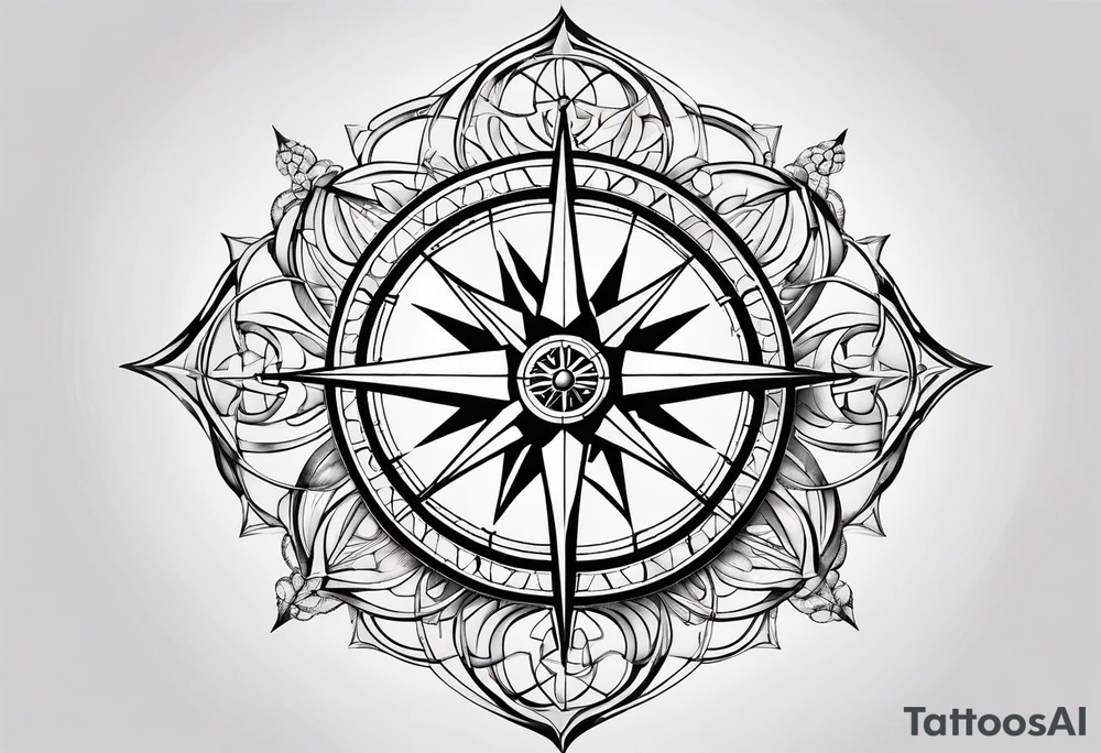 a classic compass rose as the central element with a molecular structure of serotonin tattoo idea