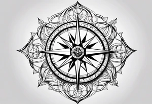 a classic compass rose as the central element with a molecular structure of serotonin tattoo idea