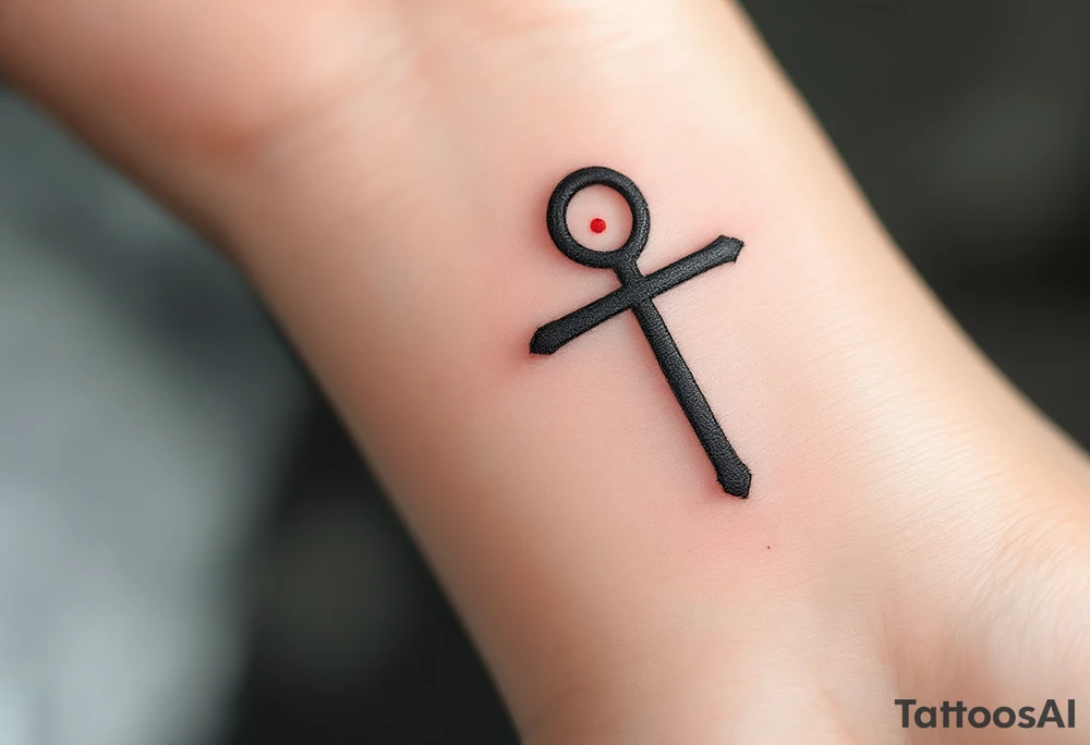 A minimalist black ink Ankh with a tiny red dot at the center, symbolizing life’s eternal spark. tattoo idea