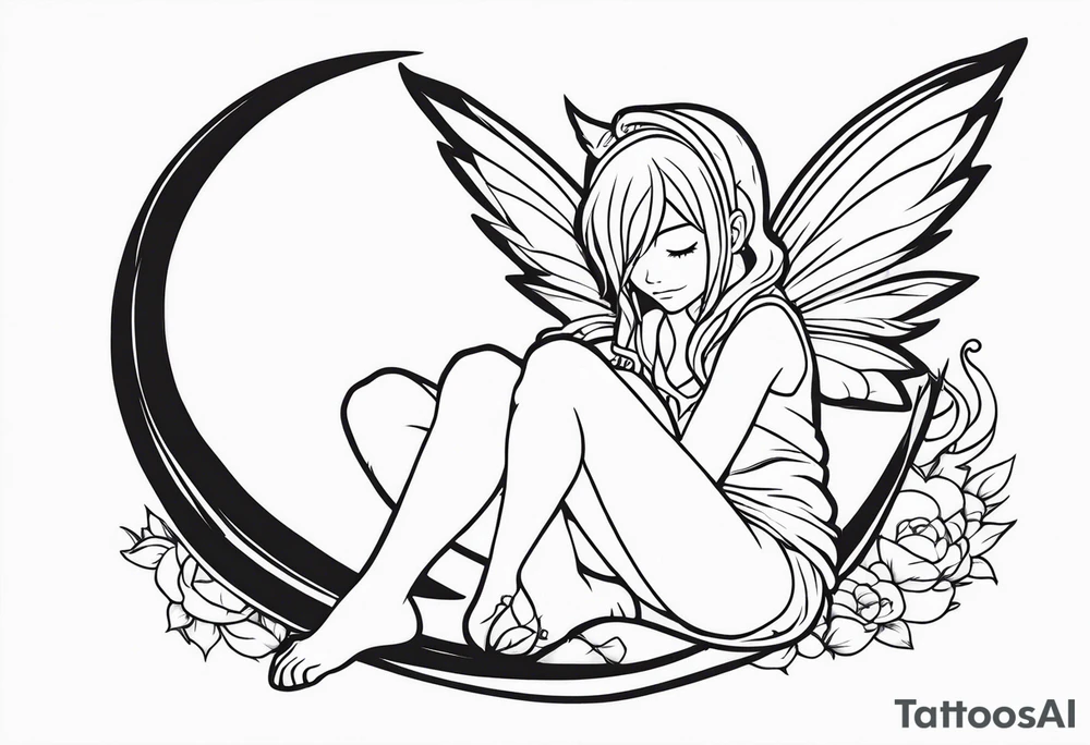 No color fairy with a tail inspired by the anime show called Fairy Tail in a fetal position leaning in and forward while sleeping tattoo idea
