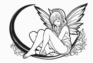 No color fairy with a tail inspired by the anime show called Fairy Tail in a fetal position leaning in and forward while sleeping tattoo idea