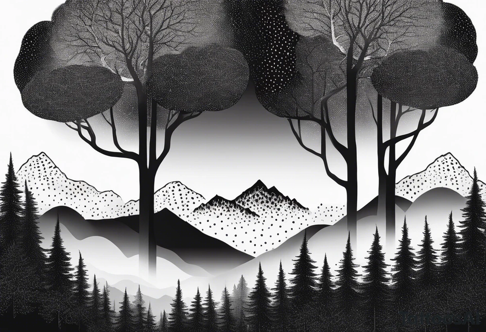 a forest along the edges where the mountains burn below and in the distance with full trees and emptiness in the middle tattoo idea