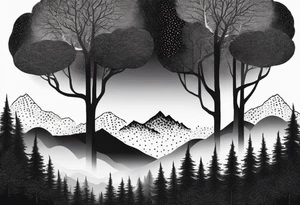 a forest along the edges where the mountains burn below and in the distance with full trees and emptiness in the middle tattoo idea