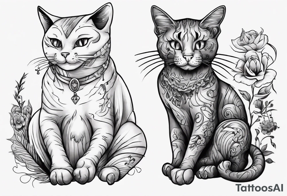 Maine coon cat and a grey cat with extra toes playing together tattoo idea