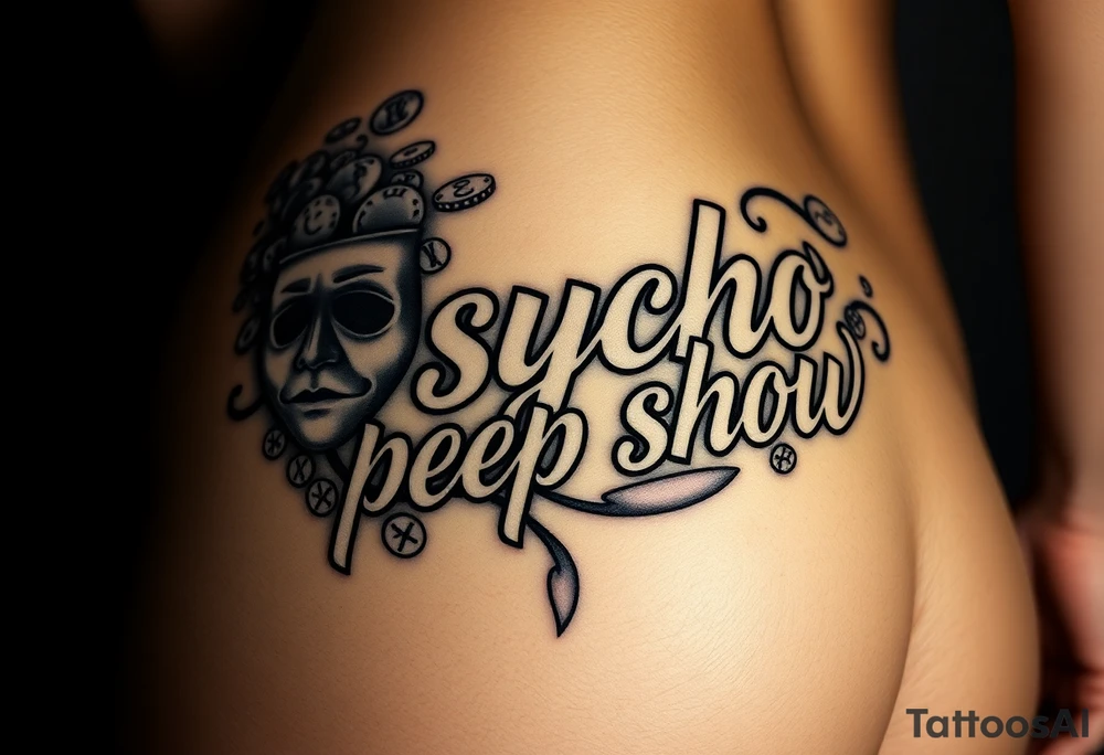 "psycho peep show" in chicano script  , perfect  shading  , smoke that forms images of the two theater masks ,many coins and smokey shading as a filler ,all in chicano style. tattoo is located on the right butt cheek of a female with  sun kissed natural tan skin tone , she has a firm perfect  butt and is wearing g string  panties . studio lighting , realistic.  spelling should b correct and as entered iin this prompt  ; tattoo idea