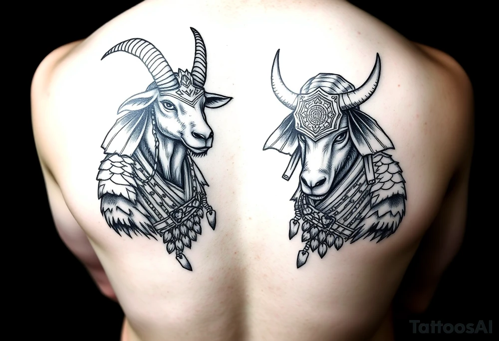 goat and ox dressed up as female samurai warriors tattoo idea
