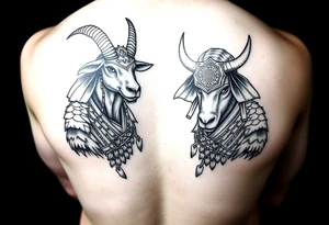 goat and ox dressed up as female samurai warriors tattoo idea