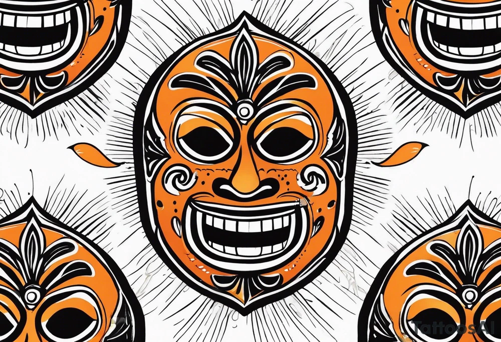 Laughing Mexican mask that is orange and black simplistic tattoo idea