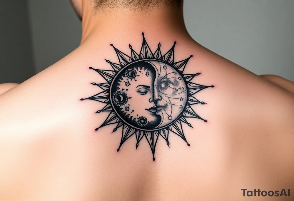 celestial sun and moon embrace with constellation patterns with 222 tattoo idea celestial sun and moon embrace with constellation patterns with 222 tattoo idea