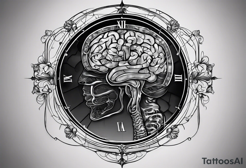 give me panes of glass that each have an image of the dissected brain but in each pane have a variant of music, mathematical, and computational images. tattoo idea